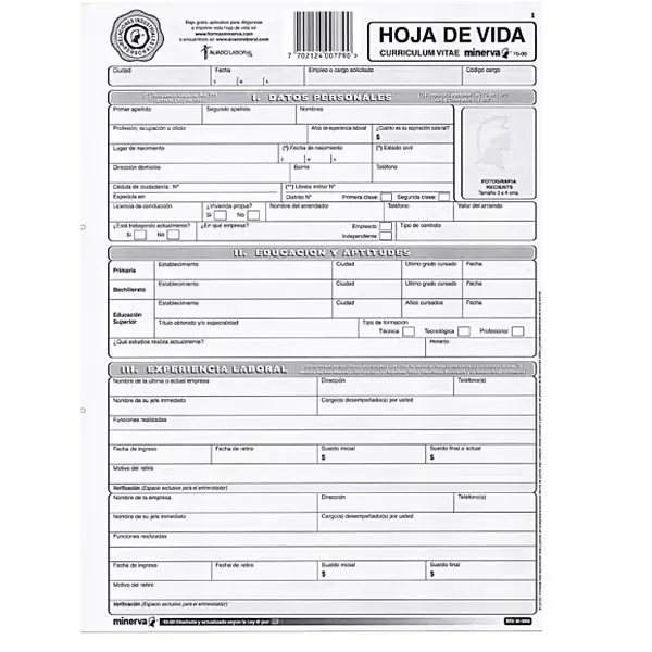 Hoja De Vida Minerva 20 Hojas 10-00